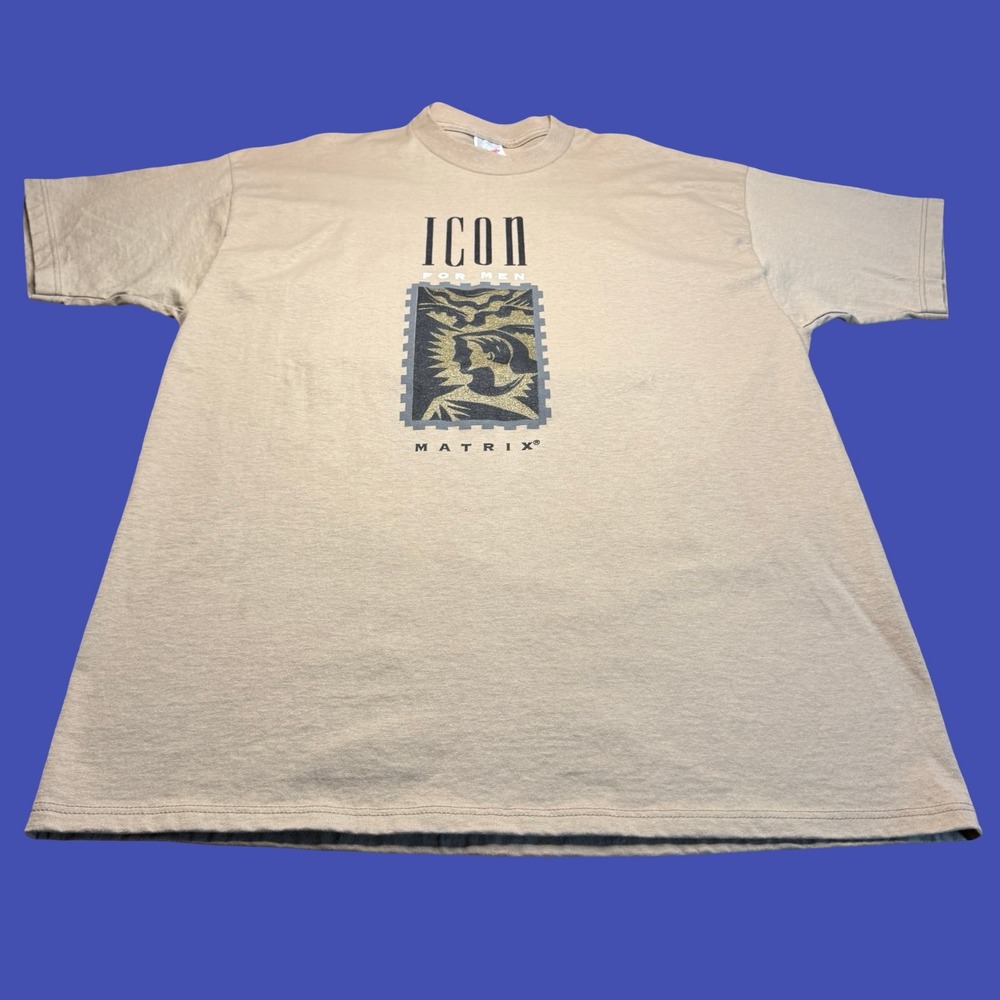 Vintage 90s ICON For Men Matrix T Shirt XL Jerzees Made USA Tan Graphic